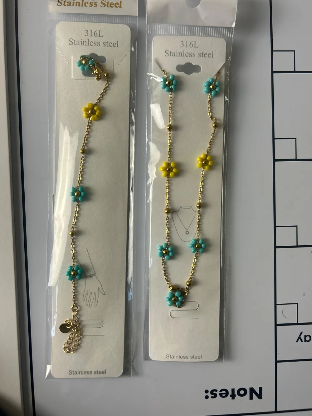 Gold Chain Necklace with Turquoise & Yellow Flower Accents